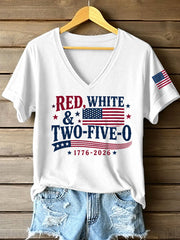 Women's Red White Two-Five-O USA Flag Print Casual Patriotic V-Neck Tee