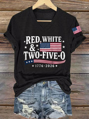 Women's Red White Two-Five-O USA Flag Print Casual Patriotic V-Neck Tee