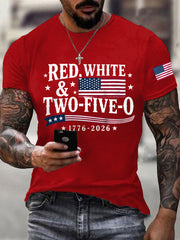 Men's Red White Two-Five-O USA Flag Print Casual Patriotic Tee