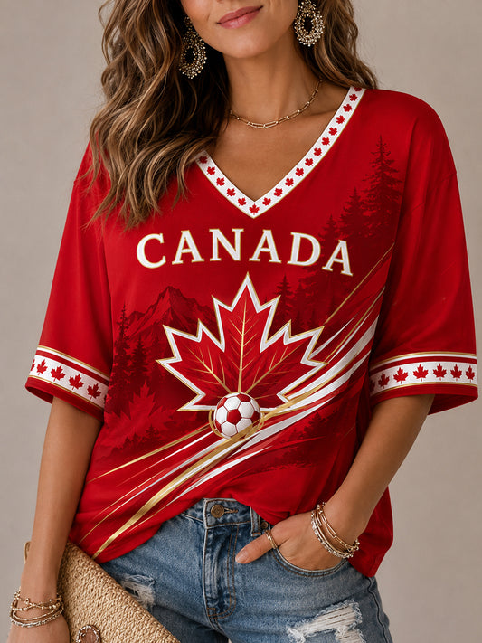 Women's Canada Print Casual Half-Sleeves V-Neck T-Shirt
