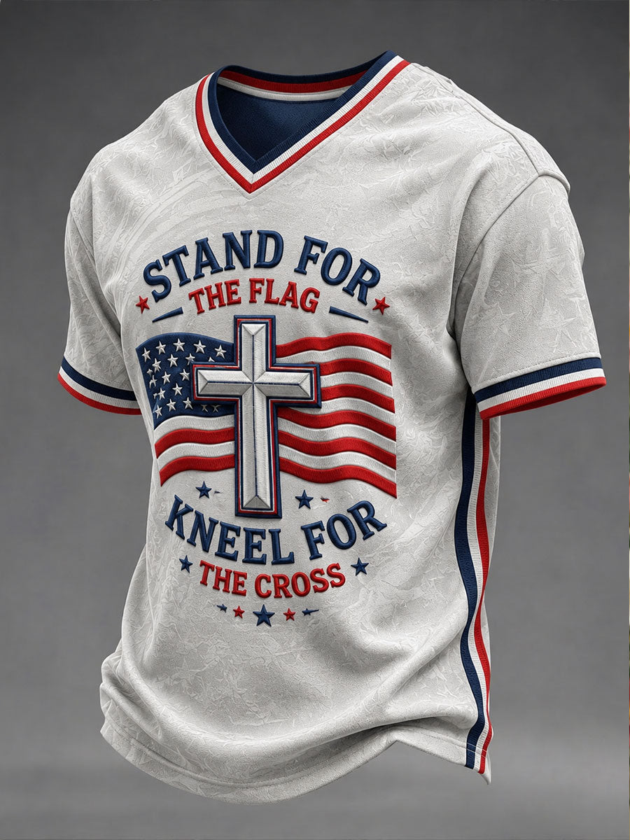Men's STAND FOR THE Flag KNEEL FOR THE Cross V-neck T-shirt