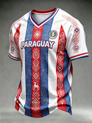 Men's Paraguayan pattern print color-blocked striped design V-neck T-shirt
