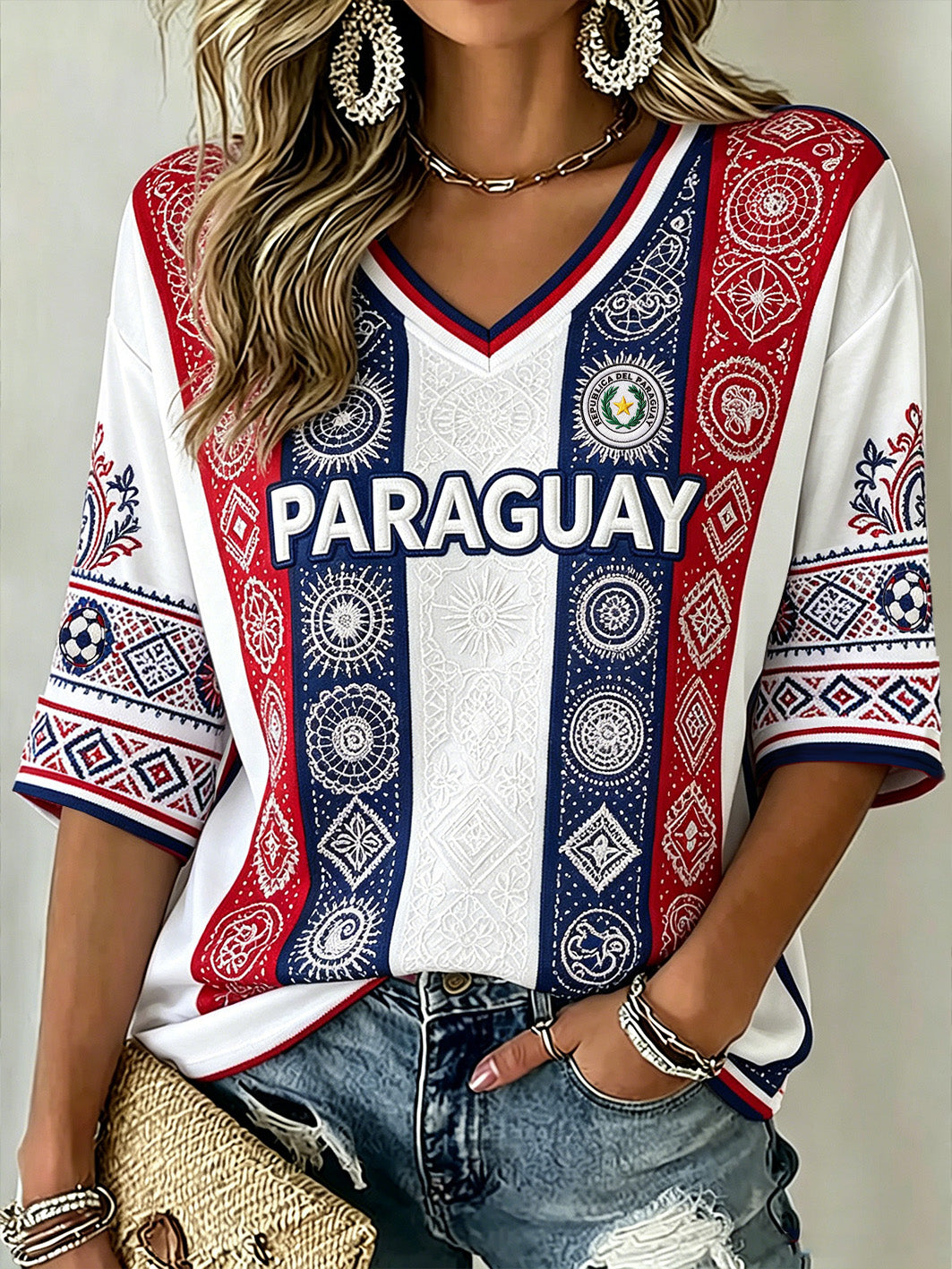 Women's Paraguayan Pattern Print Color-blocked Striped Design Mid-length Sleeves V-Neck T-Shirt