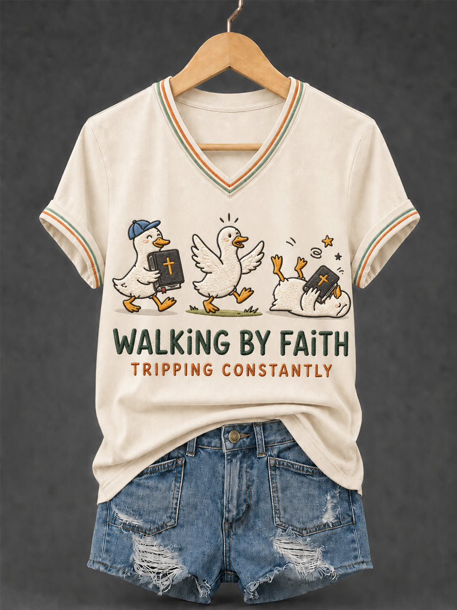 Women's Walking by Faith Tripping Constantly Goose Print Christian Inspirational V-Neck Tee