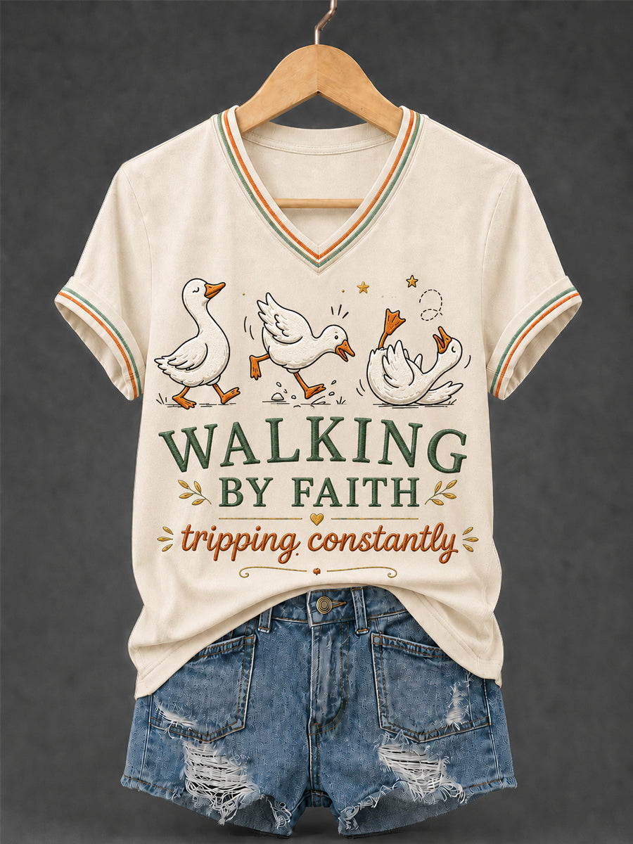 Women's Walking by Faith Tripping Constantly Goose Print Christian Inspirational V-Neck Tee