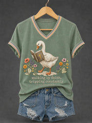 Women's Walking By Faith Tripping Constantly Goose Print Christian Inspirational V-Neck Tee