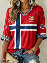 Women's Norway Viking Ship Celtic Print Mid-length Sleeves V-Neck T-Shirt