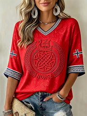 Women's Norway Viking Celtic Art Flag Print Mid-length Sleeves V-Neck T-Shirt