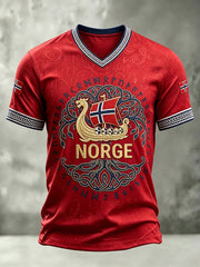 Men's Norway Viking Ship Runes Art Flag Print V-neck T-shirt