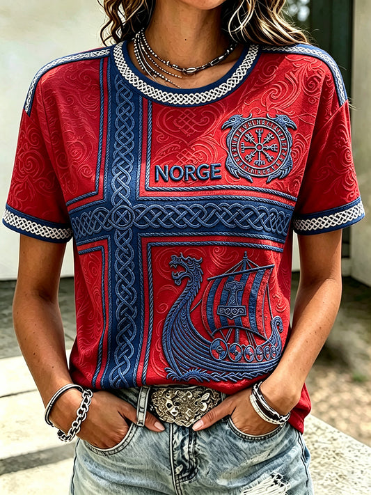 Women's Norway Viking Ship Inspired Art Celtic Print Short-sleeved T-shirt
