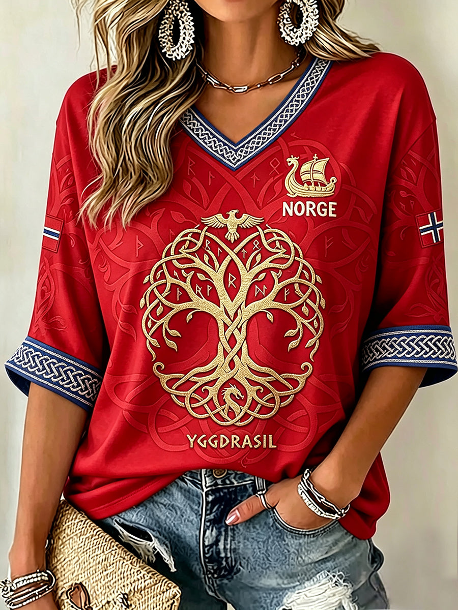 Women's Norway Viking Tree Of Life Celtic Print Mid-length Sleeves V-Neck T-Shirt