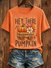Women's Hey There Pumpkin Striped Fall Print Round Neck Short Sleeve T-shirt