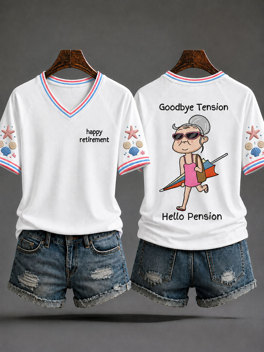 Women's "Goodbye Tension Hello Pension" Casual T-shirt