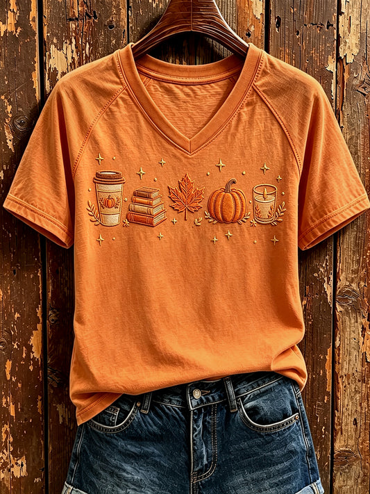 Women's Pumpkin Coffee Book Maple Leaf Candle  Print Fall Minimal Short-sleeved T-shirt