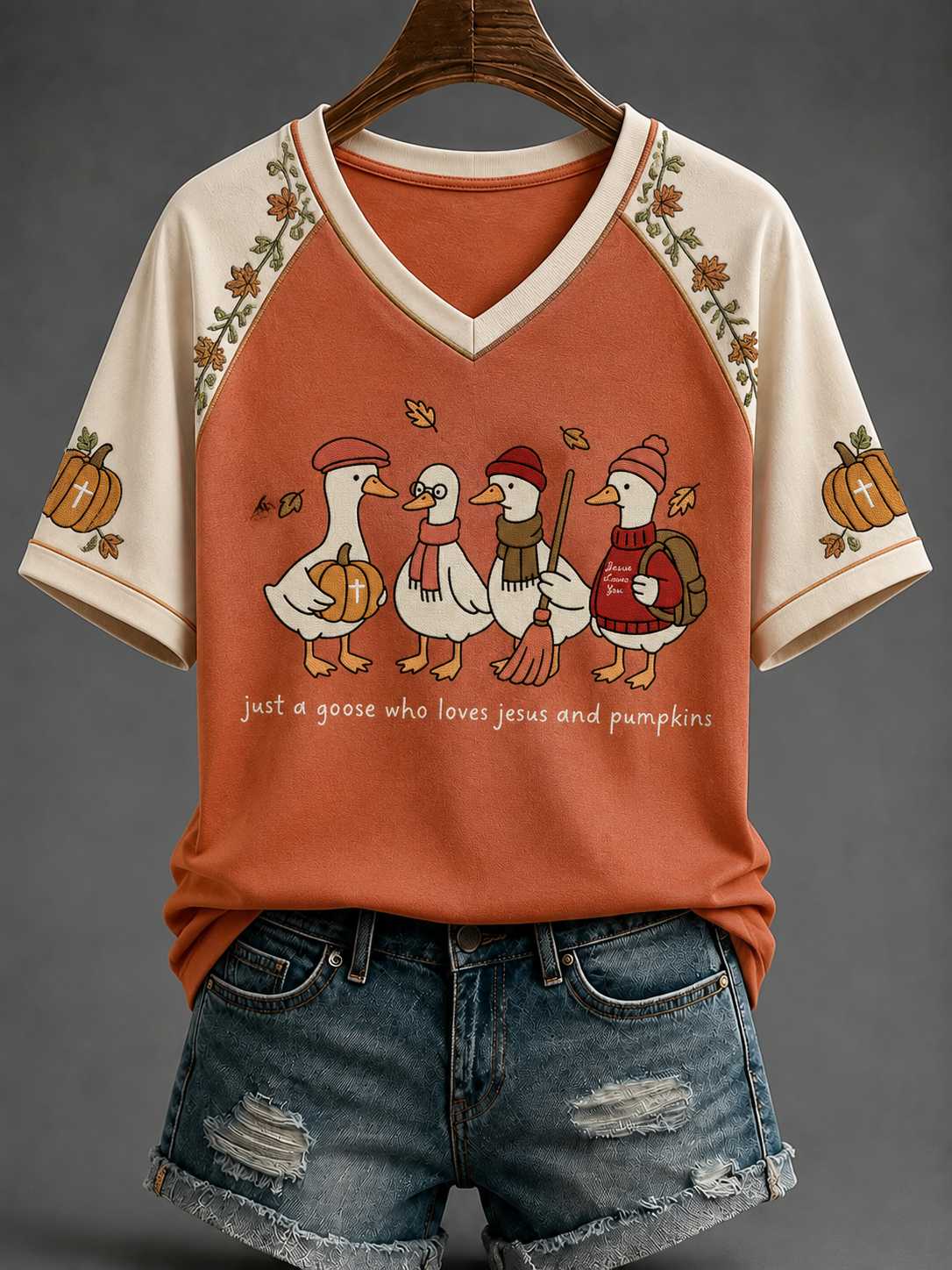 Women's Autumn Jesus V-neck Off-shoulder Short-sleeved T-shirt