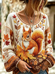 Women's autumn theme animal pattern printed casual cotton and linen shirt