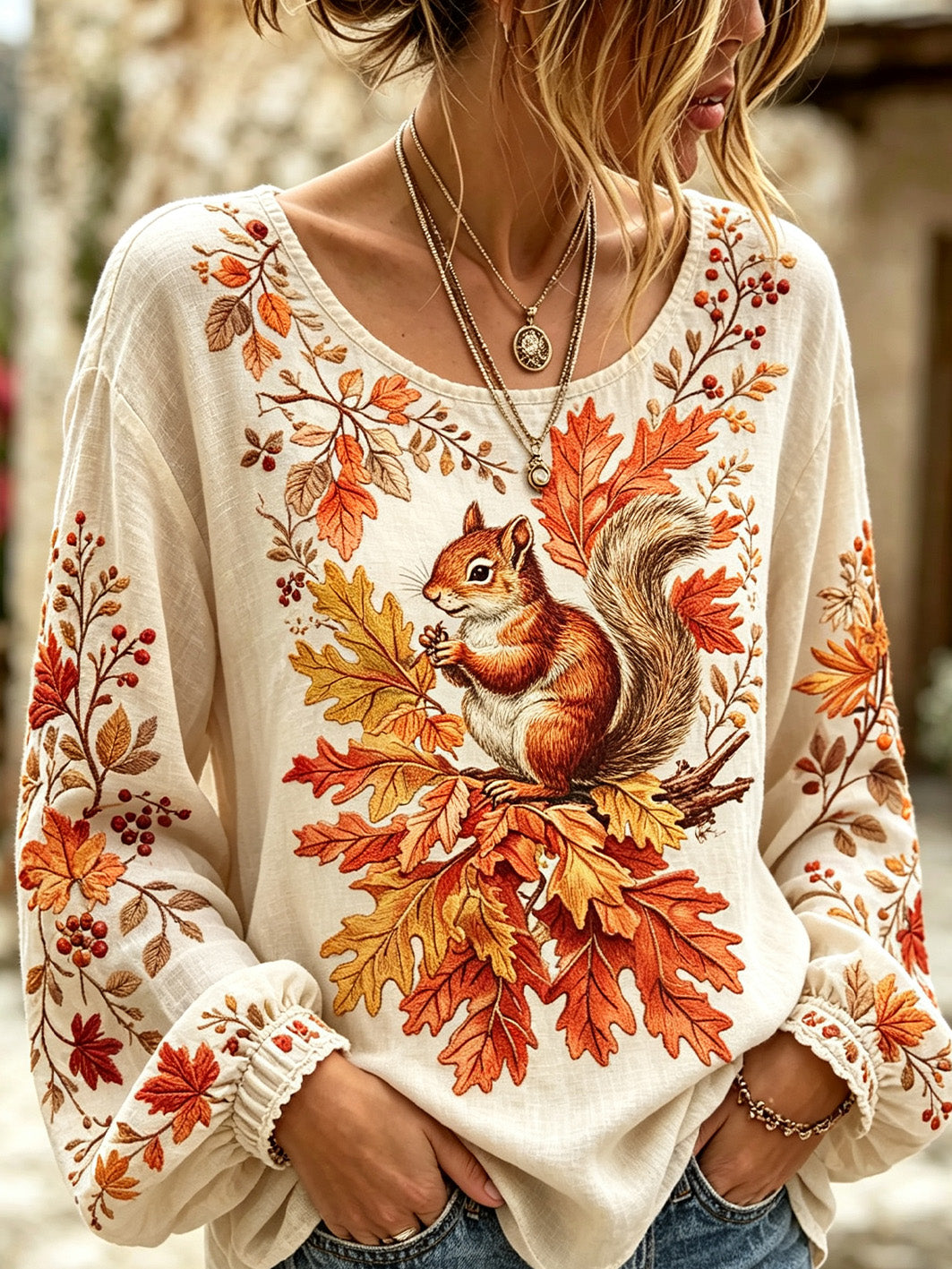 Women's autumn theme animal pattern printed casual cotton and linen shirt