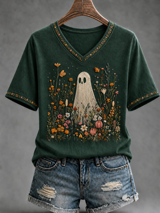 Women's Retro Halloween Pumpkin Ghost Short Sleeve T-shirt