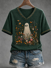 Women's Retro Halloween Pumpkin Ghost Short Sleeve T-shirt