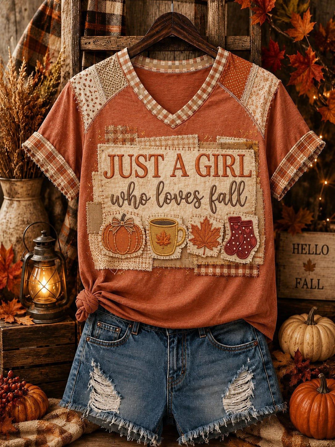 Women's Just A Girl Who Loves Fall Printed V-neck Off-shoulder T-shirt