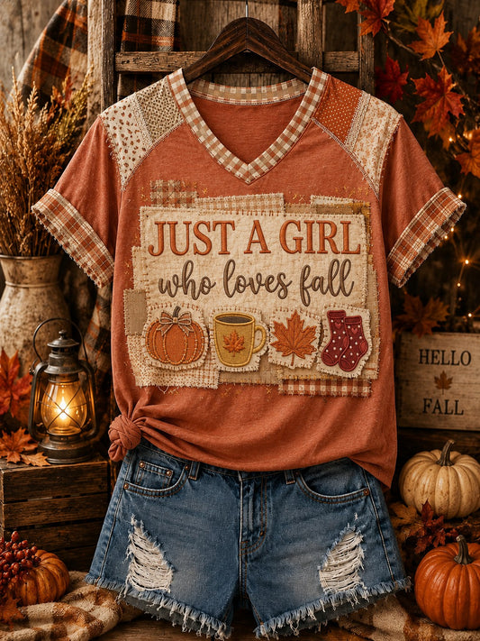 Women's Just A Girl Who Loves Fall Printed V-neck Off-shoulder T-shirt