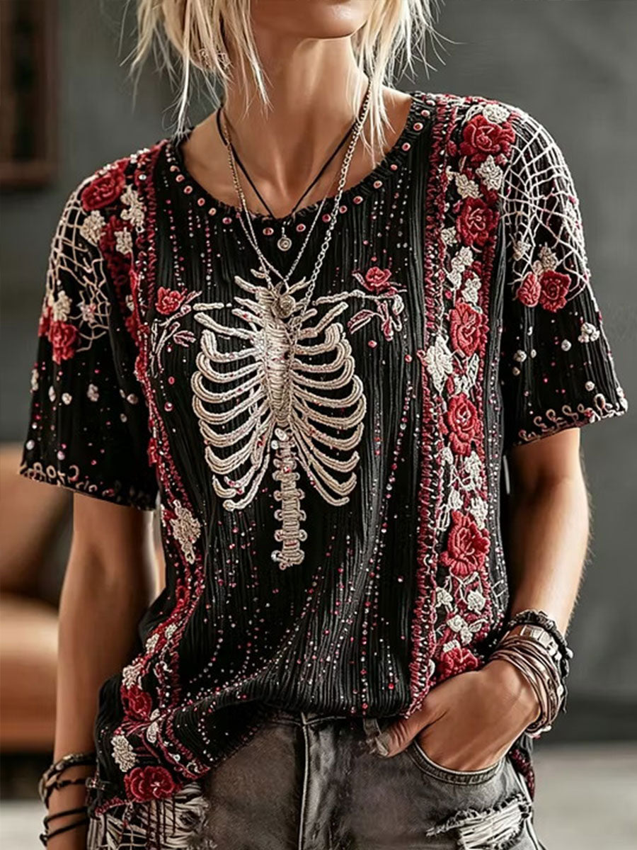 Women's Gothic Skull Rose Floral Cotton Linen Shirt