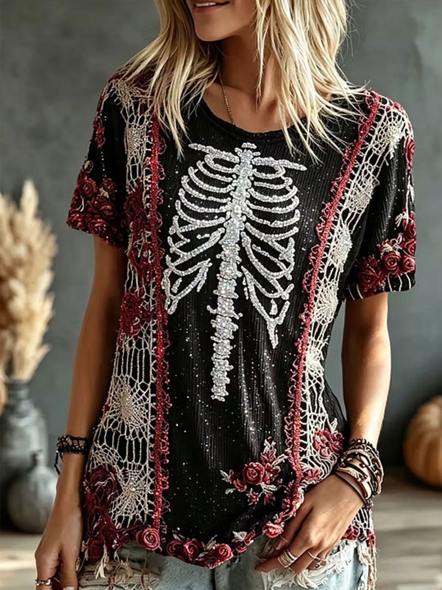 Women's Gothic Skull Rose Floral Cotton Linen Shirt
