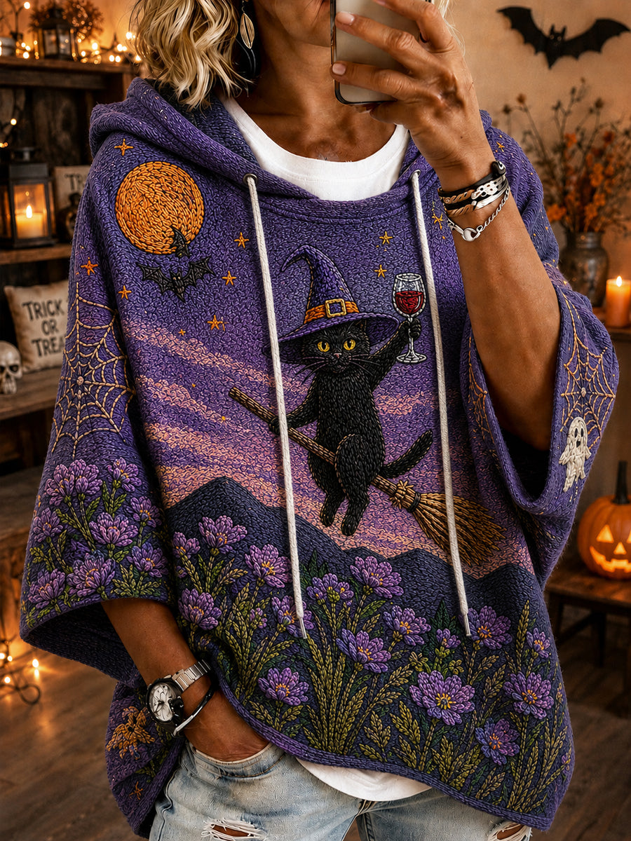 Women's Retro Halloween Black Cat Ghost  Casual Loose Hoodie
