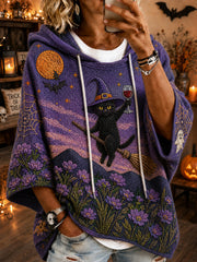 Women's Retro Halloween Black Cat Ghost  Casual Loose Hoodie