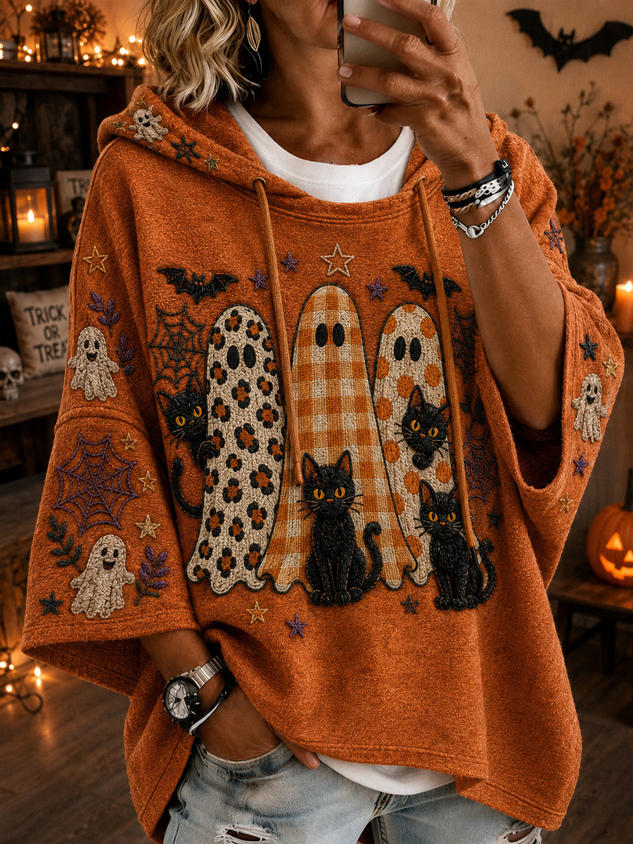 Women's Retro Halloween Black Cat Ghost  Casual Loose Hoodie