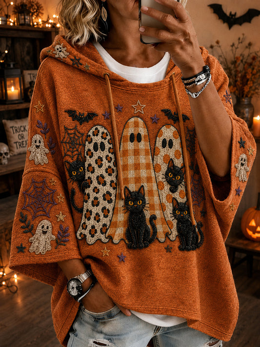 Women's Retro Halloween Black Cat Ghost  Casual Loose Hoodie