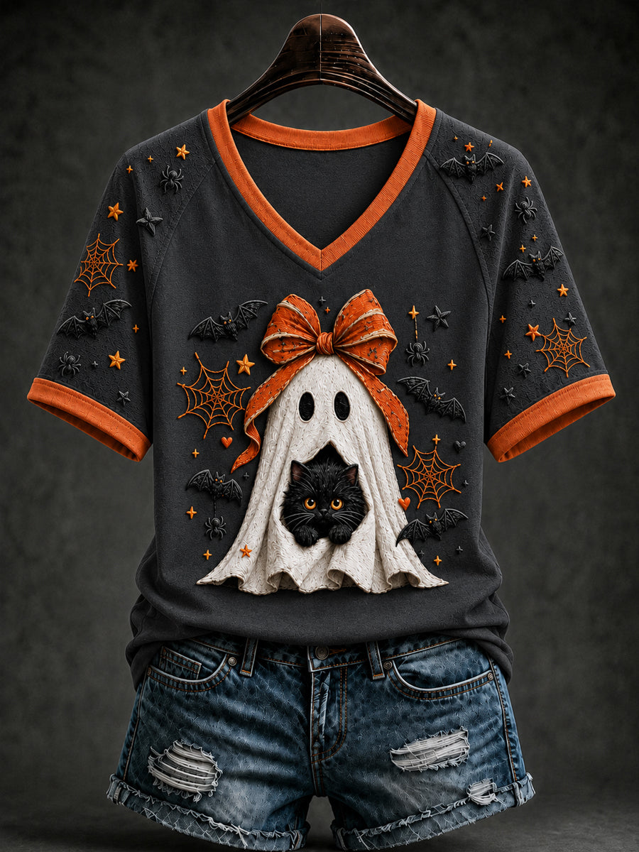 Women's Retro Halloween Black Cat Ghost Bats Short Sleeve T-shirt