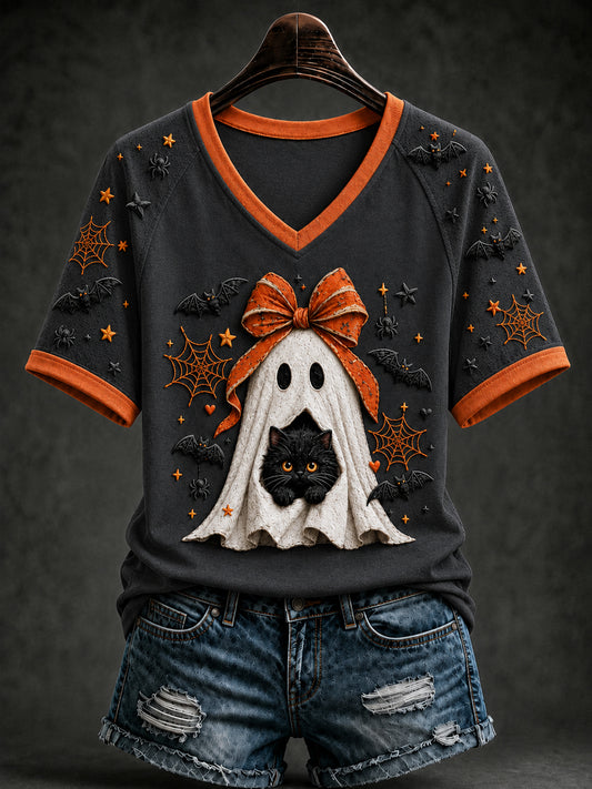 Women's Retro Halloween Black Cat Ghost Bats Short Sleeve T-shirt