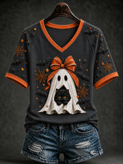 Women's Retro Halloween Black Cat Ghost Bats Short Sleeve T-shirt
