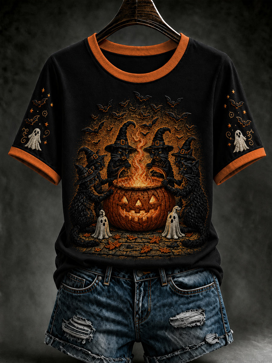 Women's Retro Halloween Black Cat Ghost Pumpkin Short Sleeve T-shirt