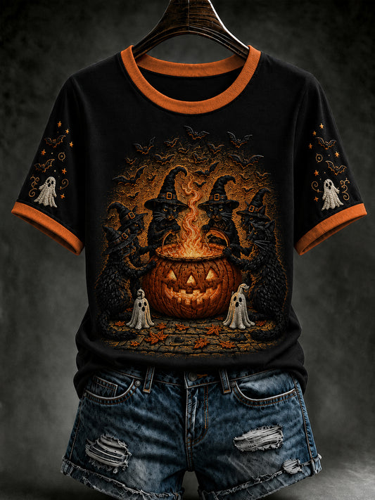 Women's Retro Halloween Black Cat Ghost Pumpkin Short Sleeve T-shirt
