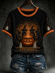 Women's Retro Halloween Black Cat Ghost Pumpkin Short Sleeve T-shirt