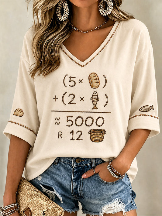 Women's Jesus 2 Fishes 5 Breads 5000 Chosen Against The Current Print Casual V-Neck Tee