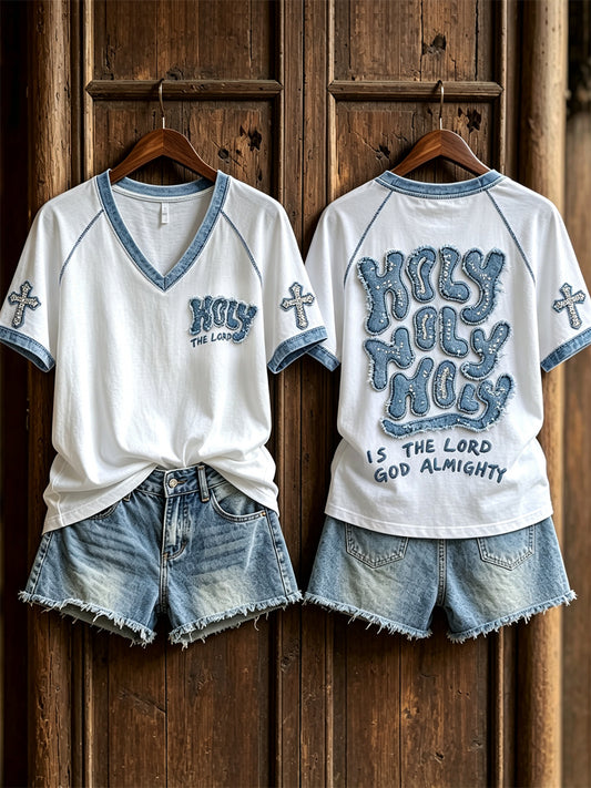 Women's Holy is the Lord God Almighty Vintage Denim Print short-sleeved T-shirt