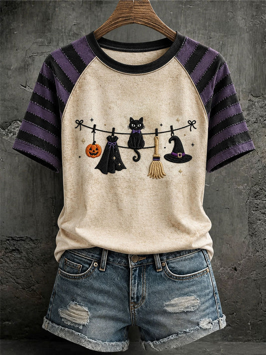 Women's Black Cat Print Casual T-Shirt