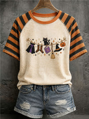 Women's Black Cat Print Casual T-Shirt