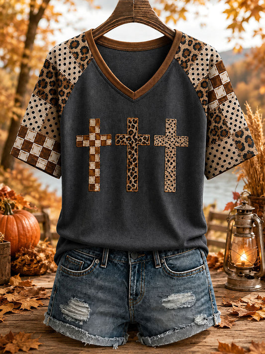 Women's Autumn Cross Christian V-Neck T-Shirts