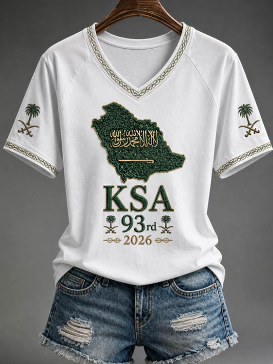 Women's Saudi National Day V-neck off-shoulder short-sleeved T-shirt