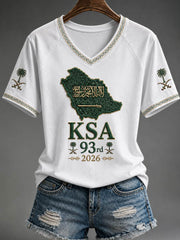 Women's Saudi National Day V-neck off-shoulder short-sleeved T-shirt