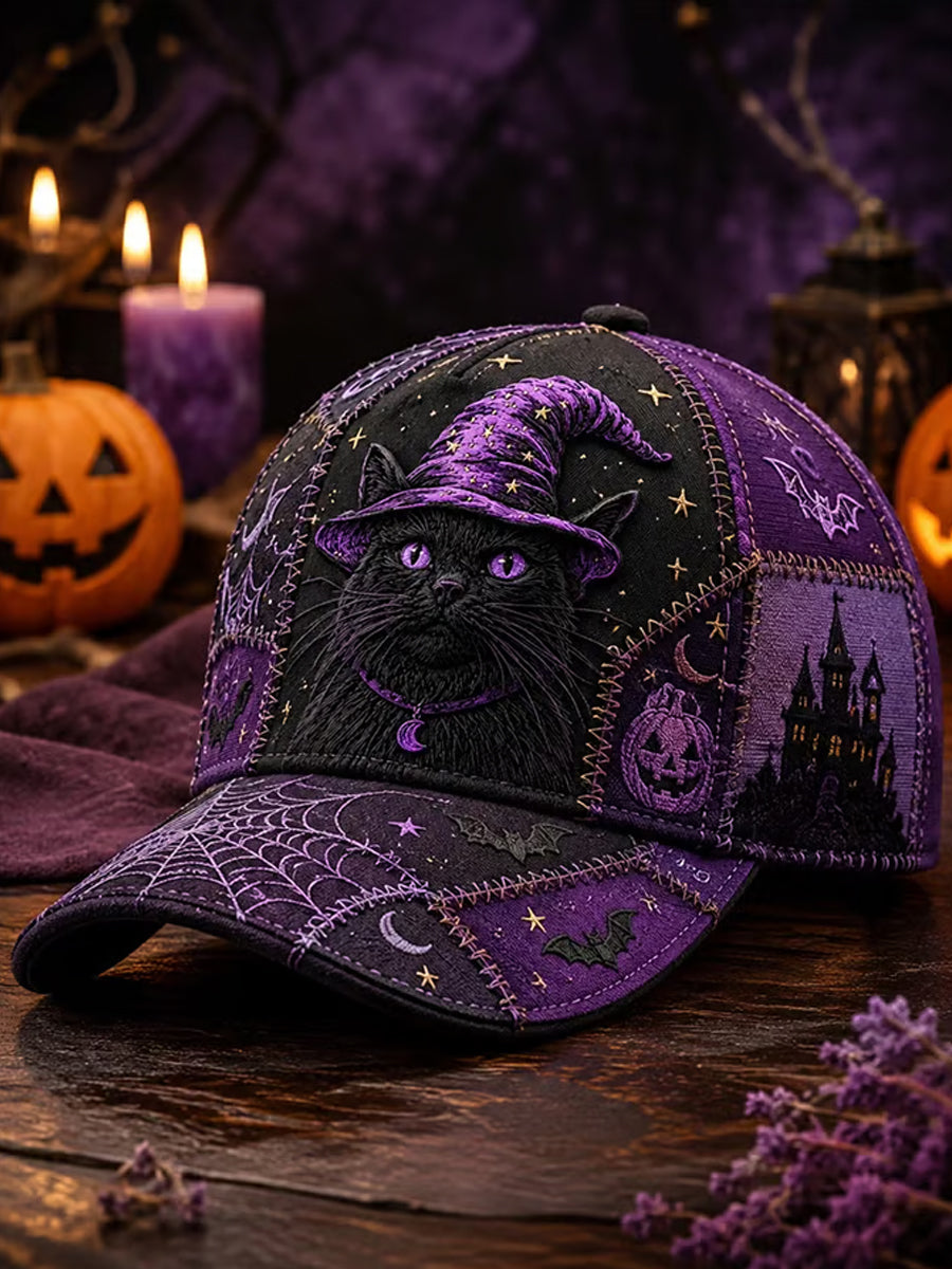 Unisex Retro Halloween Witch Black Cat Pumpkin Spider Art Print Hat