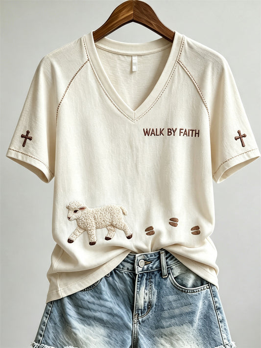 Women's Walk By Faith Fuzzy Lamb & Paw Prints short-sleeved T-shirt
