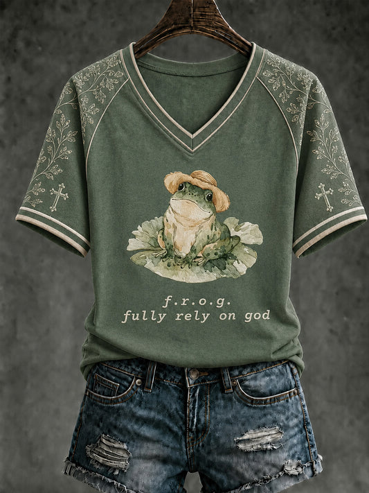 Women's Christian Fully Rely on God Frog V-neck Short Sleeve T-shirt