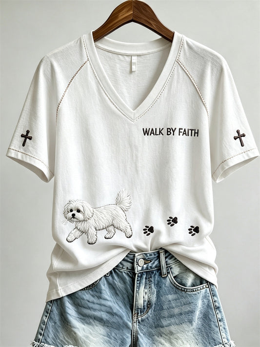 Women's Walk By Faith Maltese Dog & Paw Prints short-sleeved T-shirt