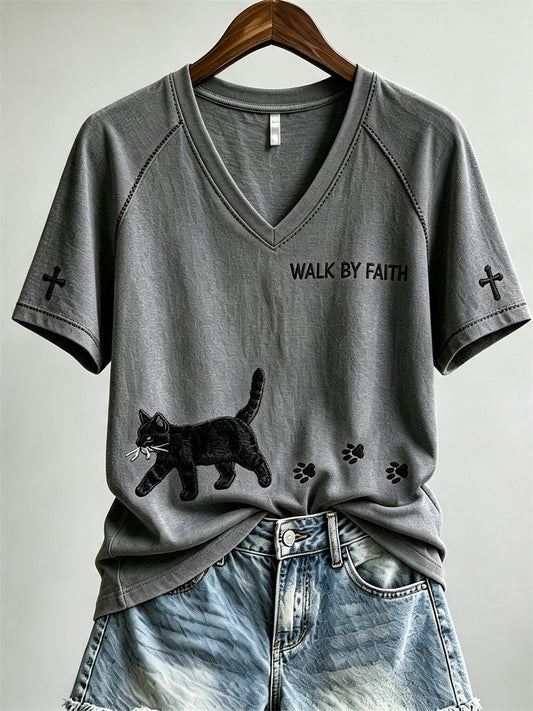 Women's Walk By Faith Black Cat & Paw Prints short-sleeved T-shirt