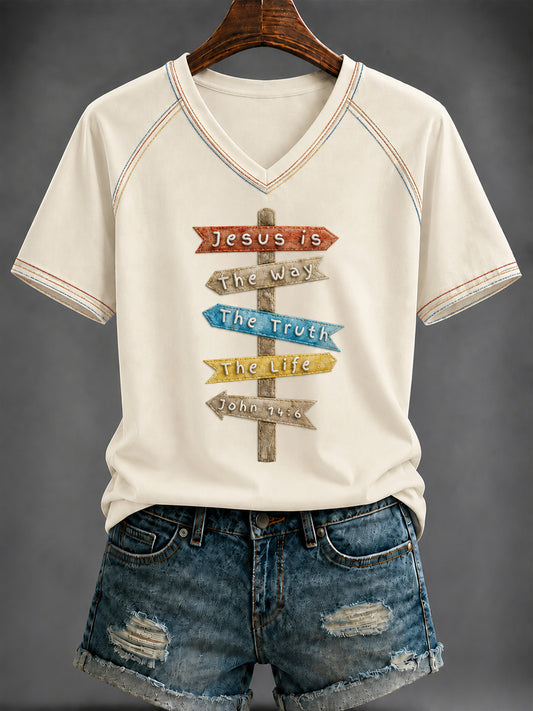 Women's The way The Truth The Life  printed V-neck off-shoulder short-sleeved T-shirt